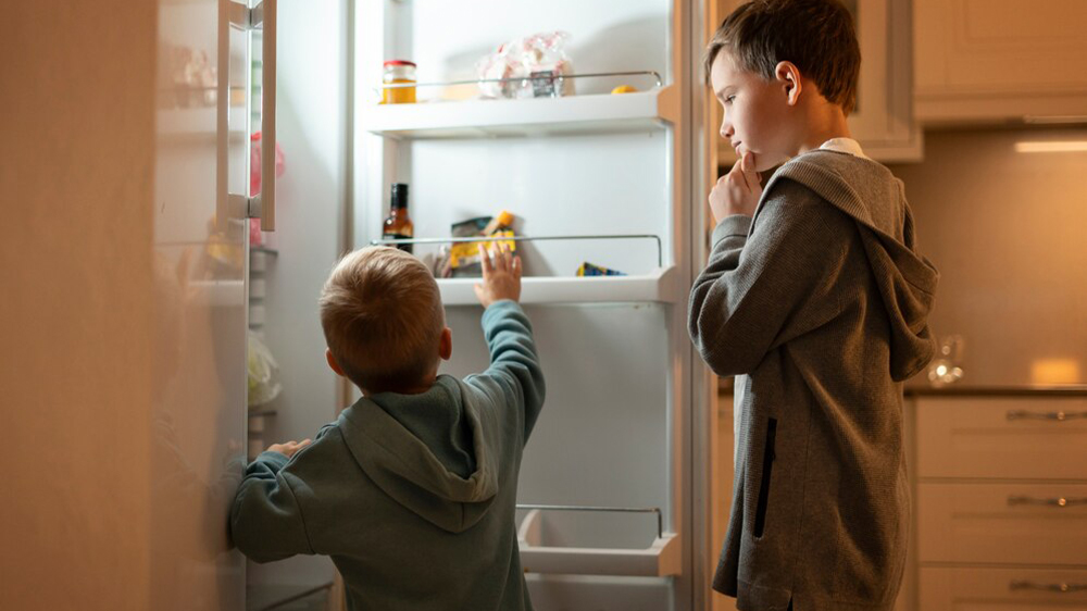 دو پسر در حال استفاده از یخچال