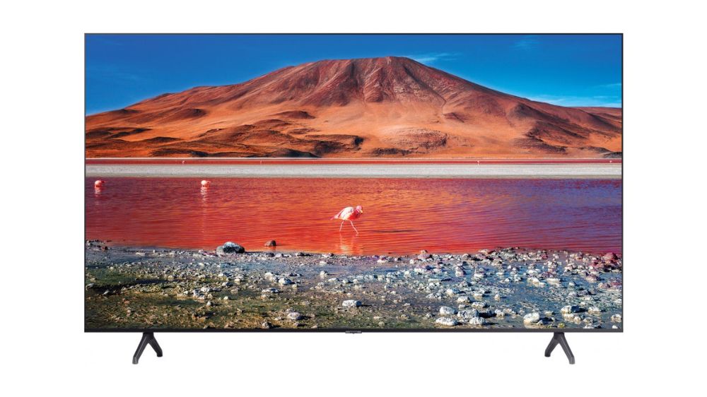 تلویزیون ۴۳ اینچ سامسونگ مدل 43TU7000 با تصویری از برکه و کوه