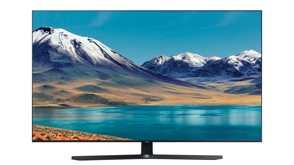 تلویزیون ۵۵ اینچ سامسونگ مدل 55TU8500 با تصویری از کوه برفی و دریاچه