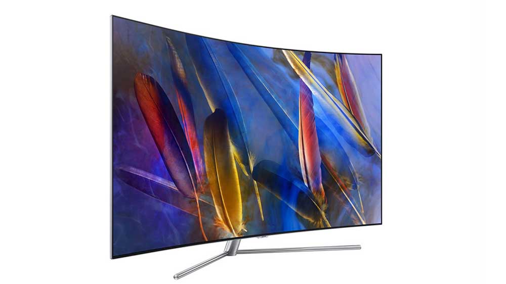 تلویزیون 55 اینچ سامسونگ مدل Q78 ا Samsung 55Q78 TV که در صفحه نمایش آن پرهای آبی رنگ به نمایش درآمده است.