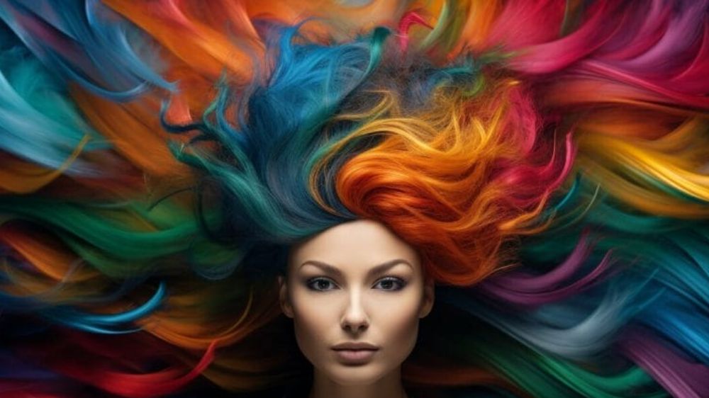 صورت یک خانم با موهای رنگین‌کمانی که موهایش را در اطراف خود پخش کرده