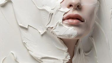 تصویر نزدیک یک چهره زنانه دارای بافتی لطیف و انتزاعی که بخش‌هایی از آن توسط مقدار زیادی پرایمر سفید رنگ پوشانده شده است