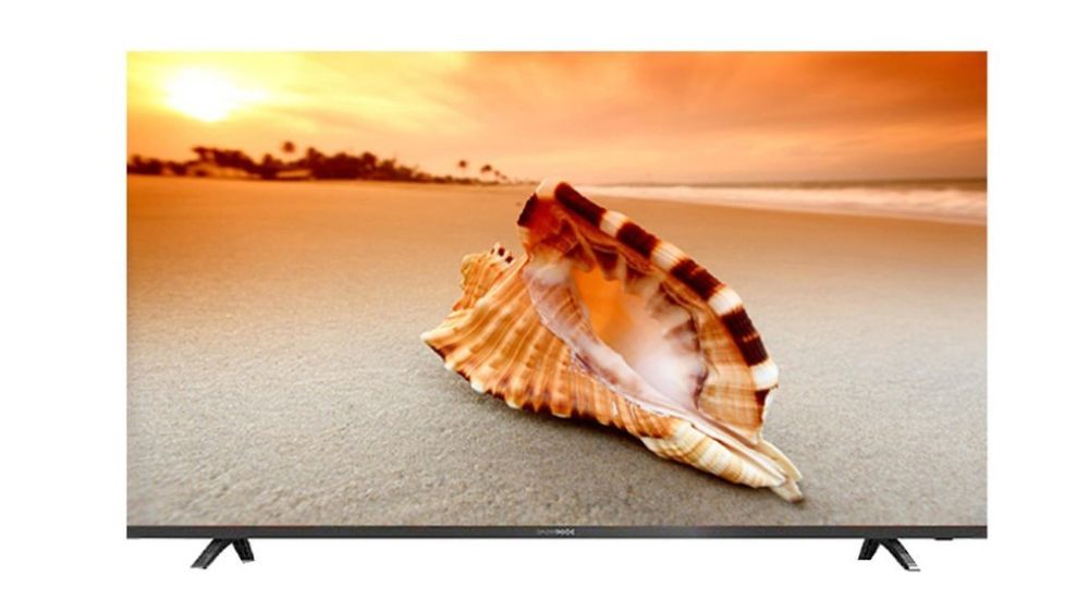 تلویزیون دوو مشکی رنگ که یک صدف را در ساحل دریا هنگام غروب آفتاب نمایش می‌دهد
