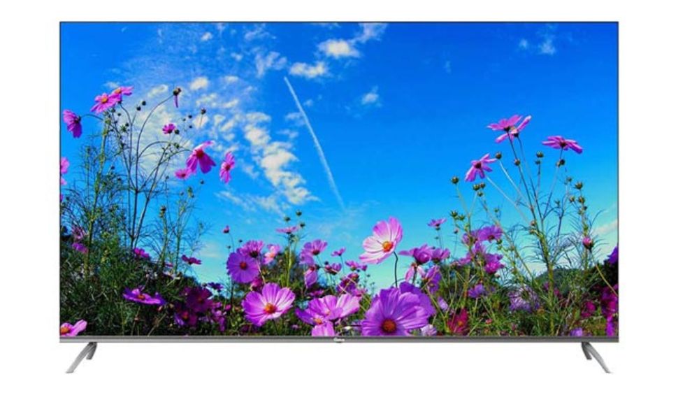 تلویزیون 65 اینچ جی پلاس که منظره سرسبز را با گل‌های بنفش و آسمان آبی نمایش می‌دهد