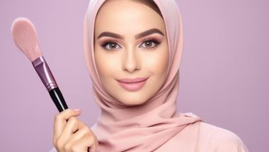 یک خانم مسلمان با حجاب رو به دوربین که یک براش آرایشی را در دست گرفته