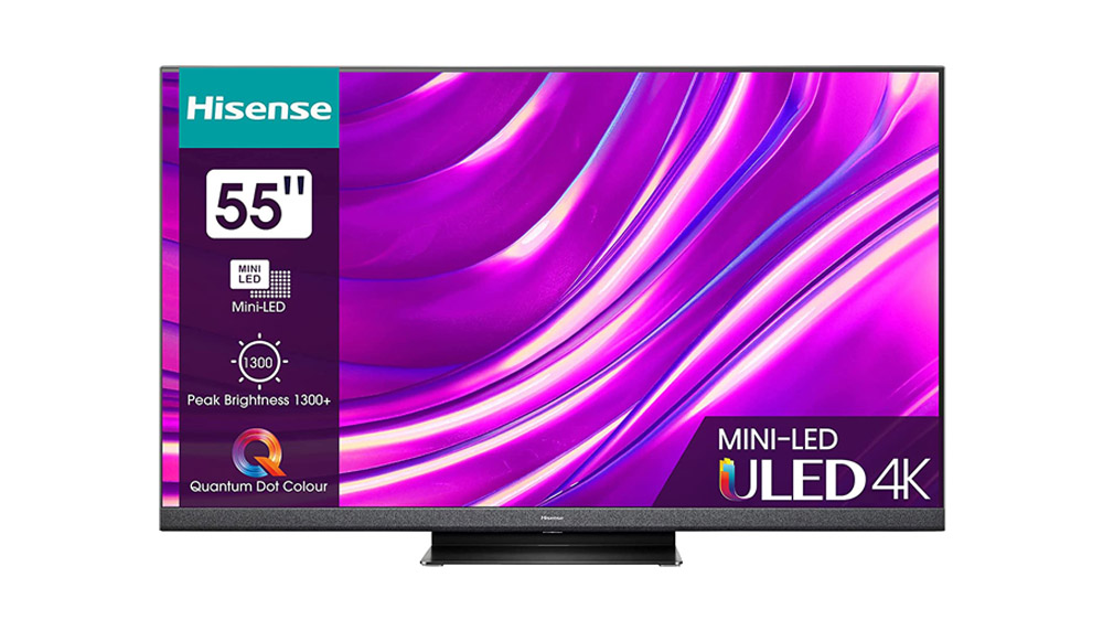 تلویزیون 4K برند Hisense مدل U8HQ مشکی رنگ که در صفحه نمایش آن طیف رنگی بنفش و آبی با مشخصات این تلویزیون قابل مشاهده است.