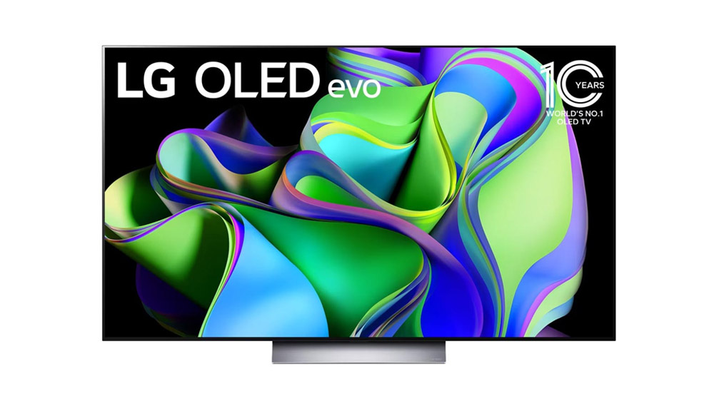 تلویزیون 4K برند LG مدل C3 نقره‌ای رنگ که در صفحه نمایش آن طیف رنگی سبز و آبی و بنفش در پس‌زمینه‌ مشکی دیده می‌شود.