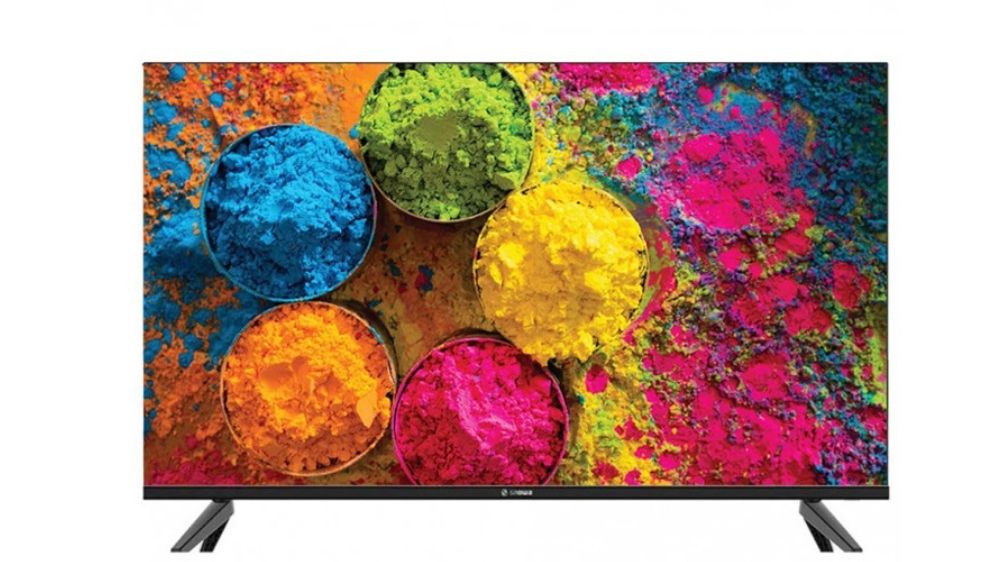تلویزیون 65 اینچ اسنوا مشکی رنگ که پنج کاسه از رنگ‌های آبی، سبز، زرد، صورتی و نارنجی را نمایش می‌دهد.