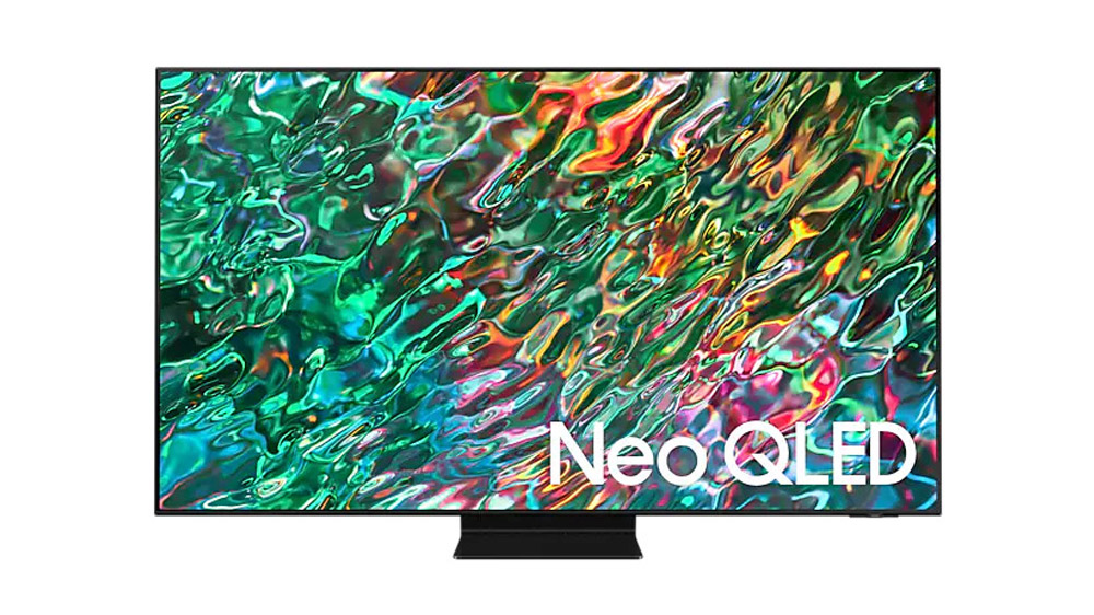 تلویزیون 4K برند Samsung مدل QN90B مشکی رنگ که در صفحه نمایش آن تصویری از یک طیف رنگی مایل به سبز وجود دارد.