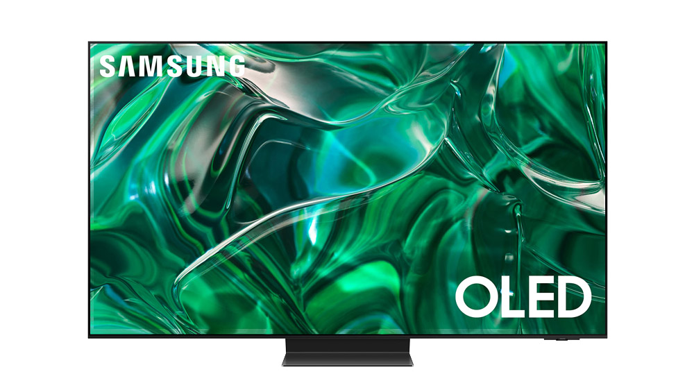 تلویزیون 4K برند Samsung مدل S95C مشکی رنگ که در صفحه نمایش آن تصویری از طیف رنگی سبز وجود دارد.