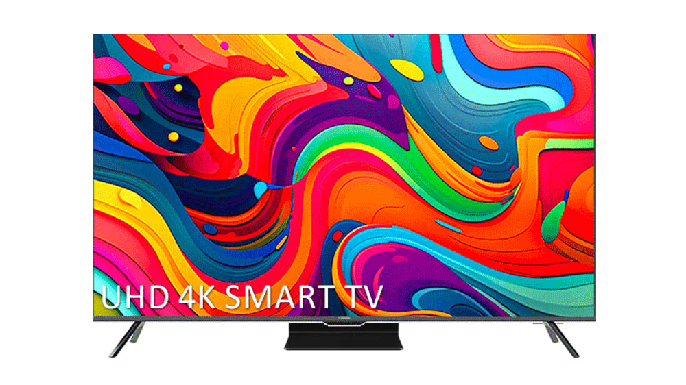 تلویزیون 4K برند Xvision مدل XYU755 مشکی رنگ با تصویر مخلوطی از رنگ‌ها در نمایشگر آن