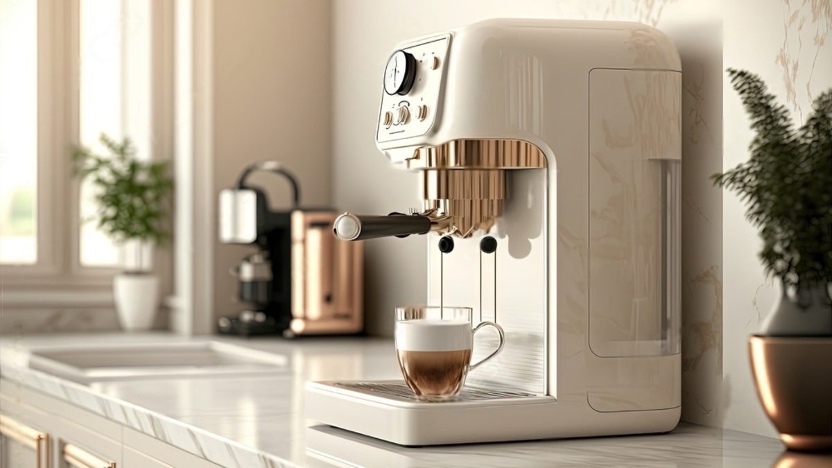 یک دستگاه اسپرسوساز اتوماتیک سفید رنگ در یک آشپزخانه مدرن با یک فنجان قهوه زیر آن