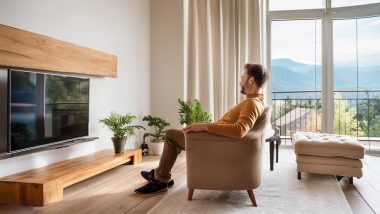 مردی با پیراهن قهوه ای که در حال تماشای تلویزیون است