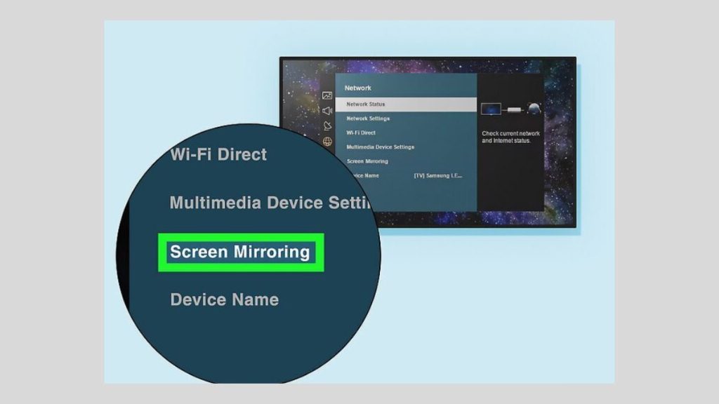 بخشی بزرگ شده از صفحه یک تلویزیون با متن screen mirroring