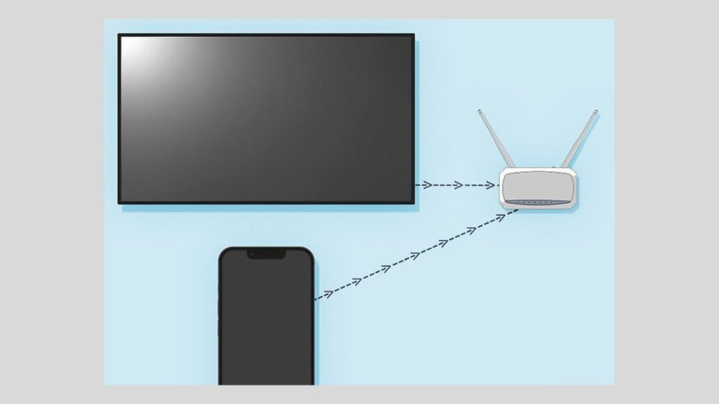 طرح گرافیکی از یک گوشی و تلویزیون متصل به یک وای فای
