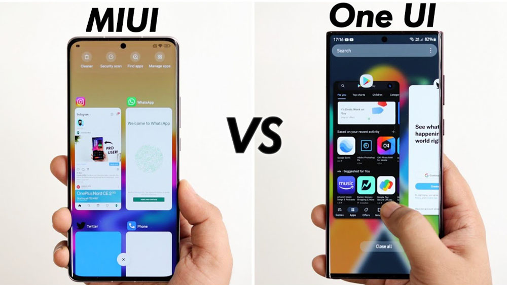 یک گوشی شیائومی با سیستم‌عامل miui در سمت چپ و گوشی سامسونگ با سیستم‌عامل oneui در سمت راست