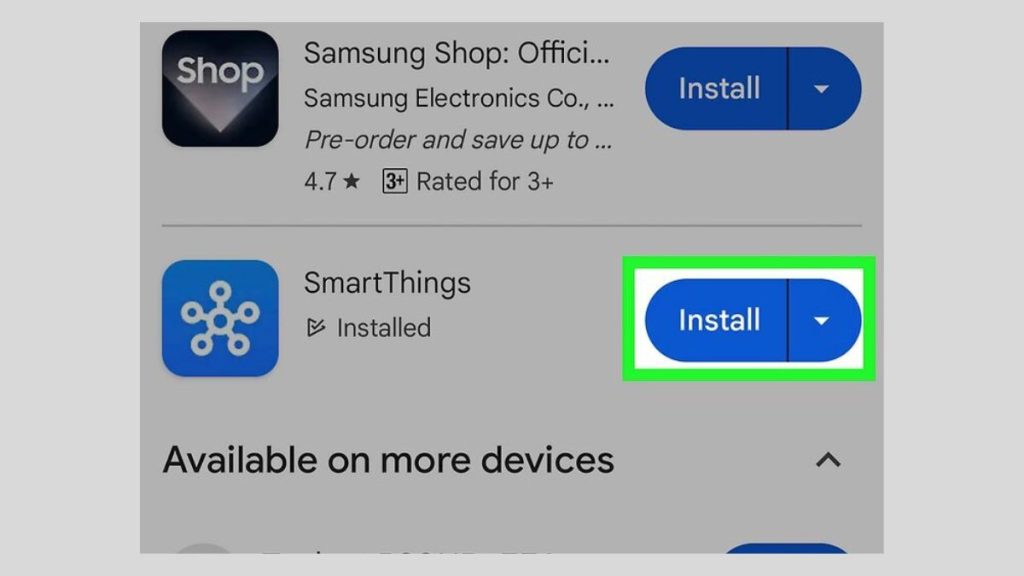 اسکرین شات از صفحه دانلود برنامه Smart things در سامسونگ پلی استور