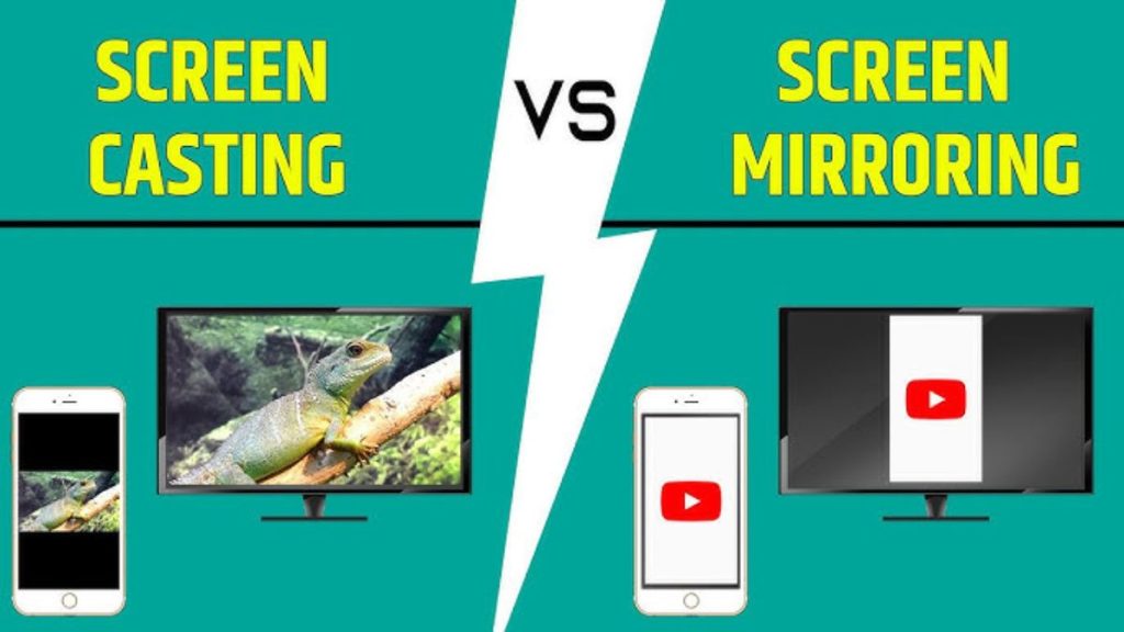 دو گوشی و مانیتور در دو سمت تصویر و متن screen mirror vs screen cast