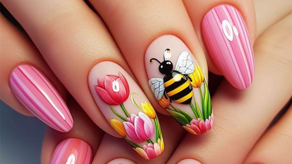 ایده طراحی ناخن با لاک ژل کالباسی با زنبور و گل دخترانه