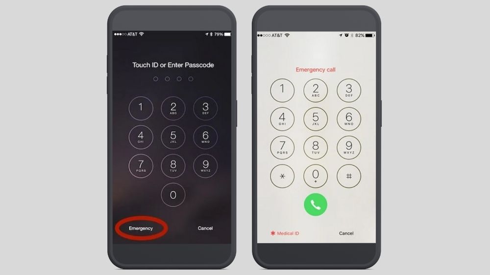دو گوشی آیفون قدیمی در کنارهم که نحوه دسترسی به تماس اضطراری را نشان می‌دهند.