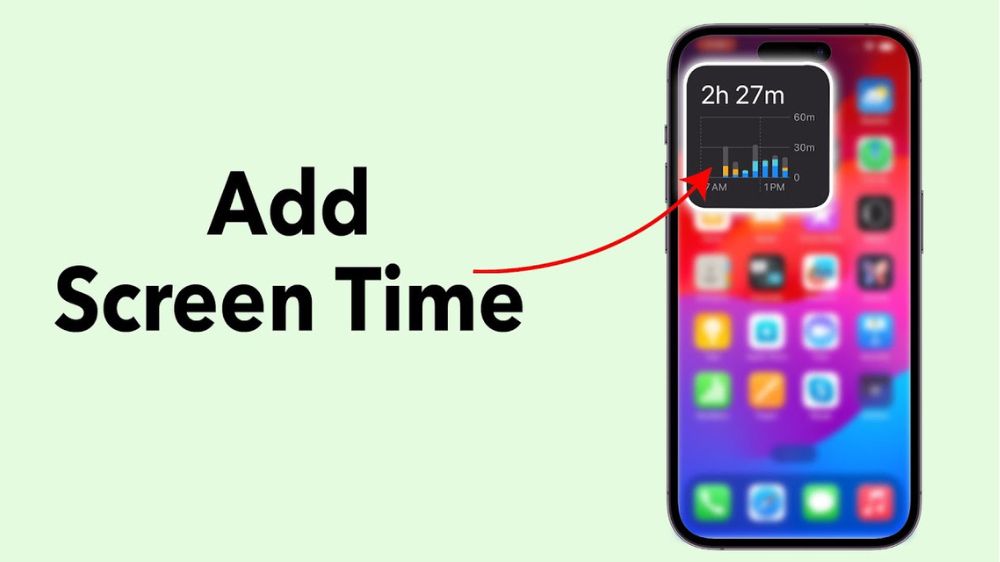 یک گوشی آیفون با ویجت screen time روی صفحه و متن add screen time