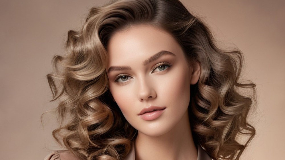 زن با موهای فر متوسط و تناژ پاستل عسلی