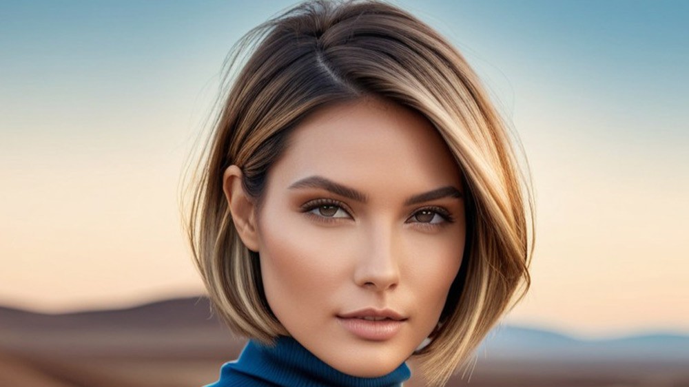 زن با موهای کوتاه زاویهدار و اسپلیتتون شکلاتی عسلی