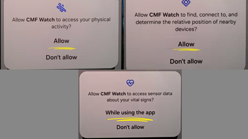 درخواست‌های دسترسی در برنامه cmf watch برای دسترسی به داده‌ها در گوشی سامسونگ