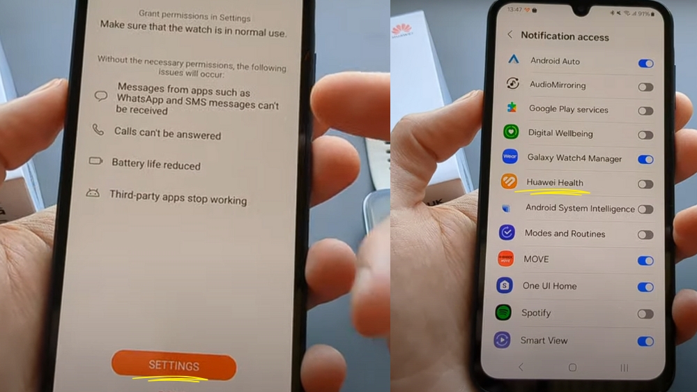 صفحه درخواست فعال کردن دسترسی نوتیفیکیشن برنامه huawei health از طریق تنظیمات در گوشی سامسونگ