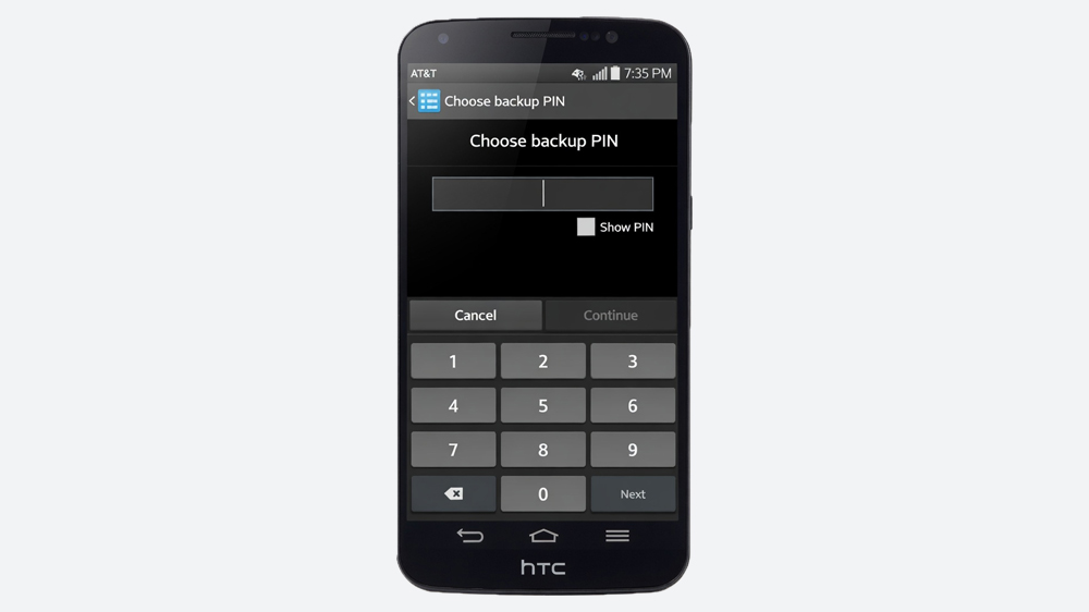 گوشی اچ‌تی‌سی در حال نمایش قابلیت Backup PIN