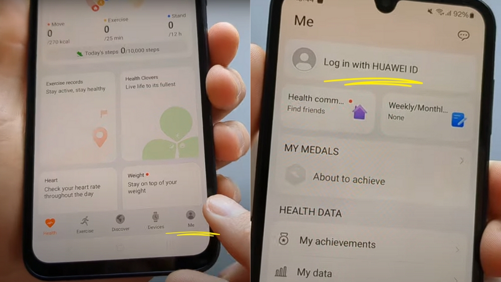 انتخاب Me در صفحه اصلی و منوی پایین صفحه در برنامه huawei health