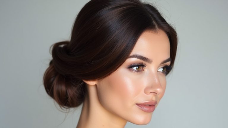 زن با رنگ مو قهوه‌ای شکلاتی و شینیون شیک برای ظاهری باشکوه