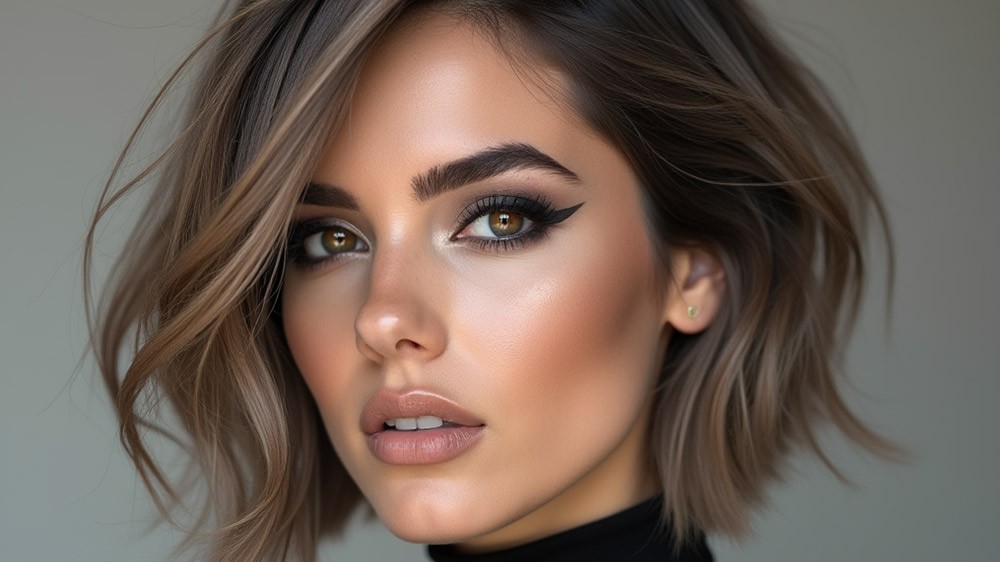 زن با پوست روشن و موهای کوتاه به رنگ نسکافهای زیتونی با تناژ خاکستری
