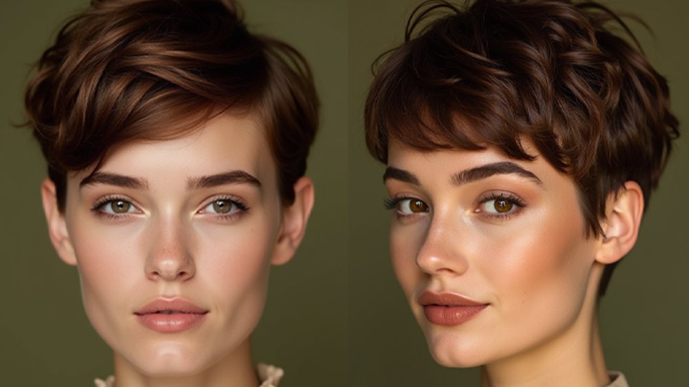 زن جوان با موهای پیکسی و چتری در رنگ شکلاتی عسلی