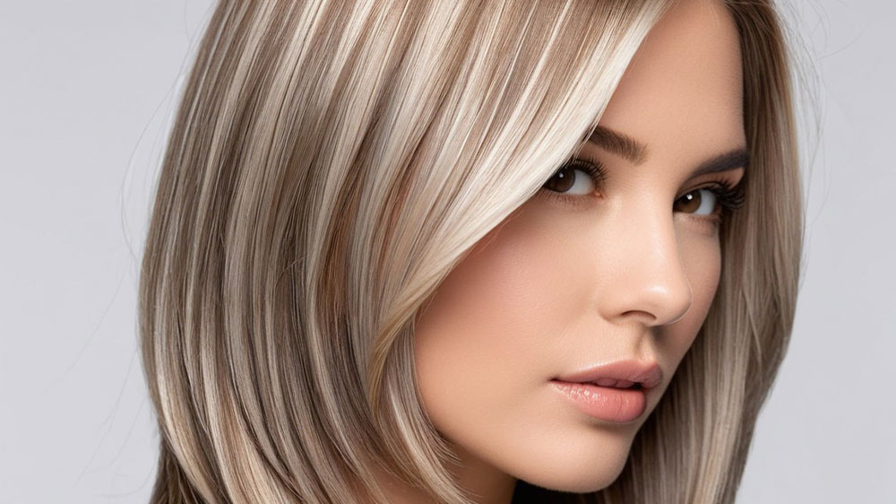 دختری با ظاهر شیک و مینیمال با موهای سایه روشن پلاتینی روی پایه نسکافهای