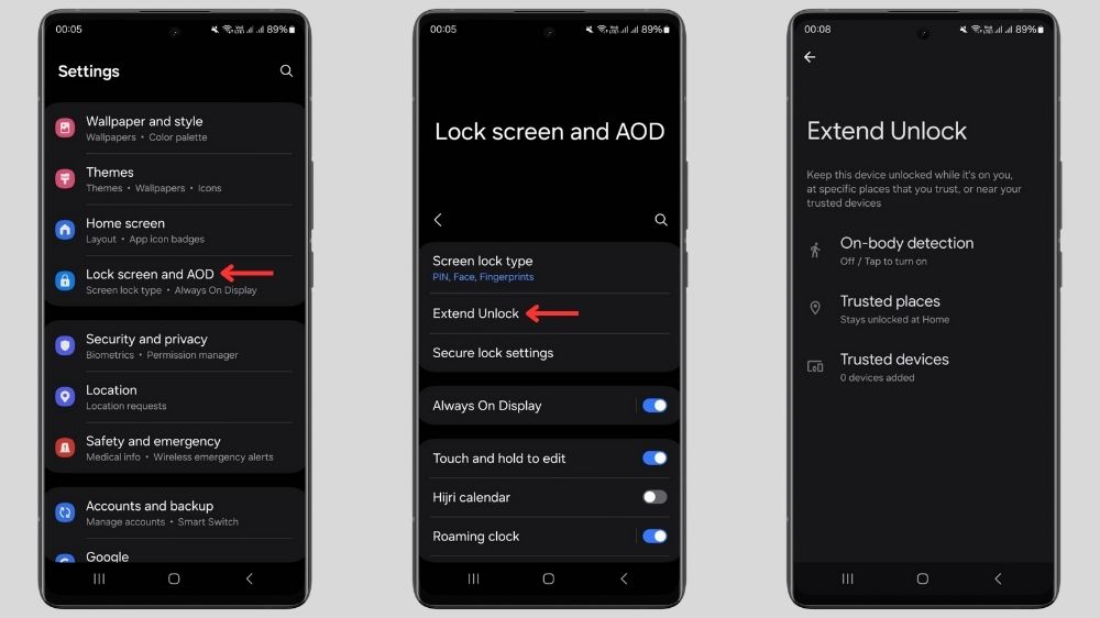 اسکرین شات از تنظیمات قابلیت Extend Unlock گوشی سامسونگ