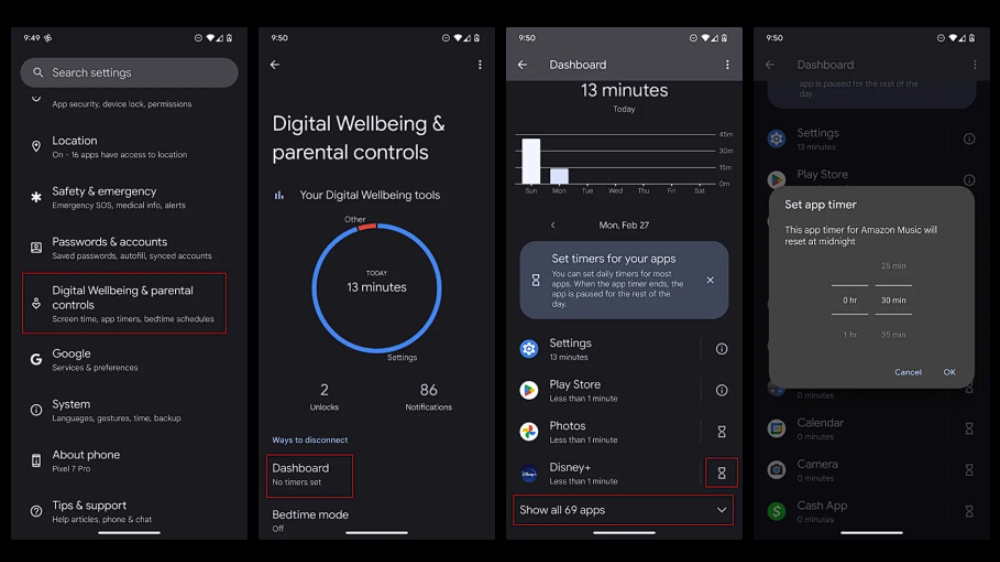 اسکرین‌شات‌هایی از مراحل تنظیم app timer در برنامه digital wellbeing در اندروید