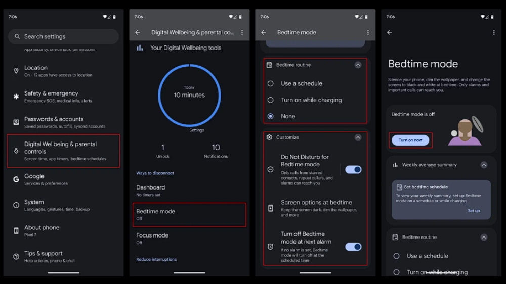 اسکرین‌شات‌هایی از فعال کردن bedtime mode در برنامه digital ellbeing در اندروید