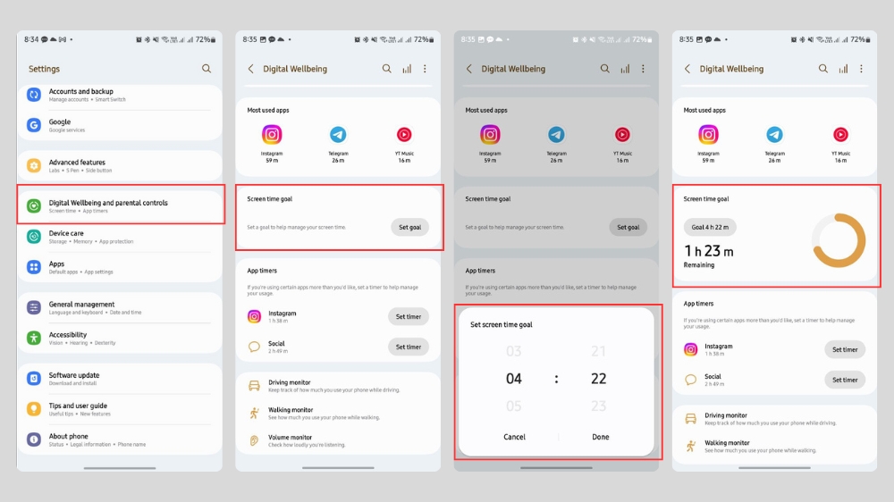 اسکرین شات‌هایی از مراحل تنظیمات Screen Time Goal در Digital Wellbeing در گوشی سامسونگ