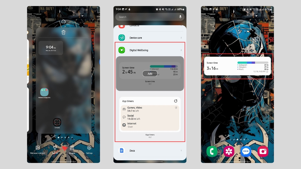 اسکرین‌شات‌هایی از مراحل افزودن ویجت Screen Time به صفحه هوم گوشی سامسونگ