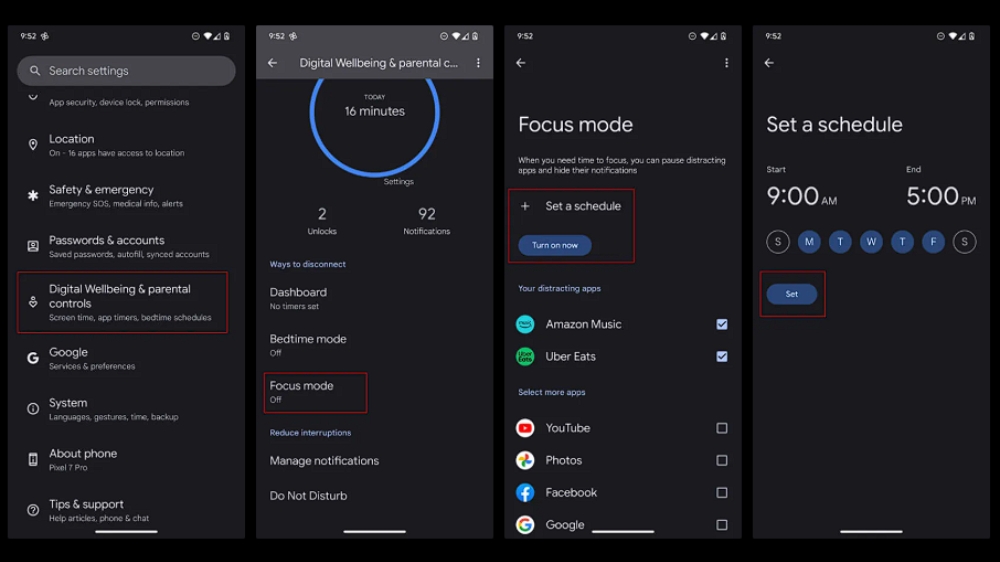 اسکرین‌شات‌هایی از حالت فوکوس focus mode در digital wellbeing در اندروید