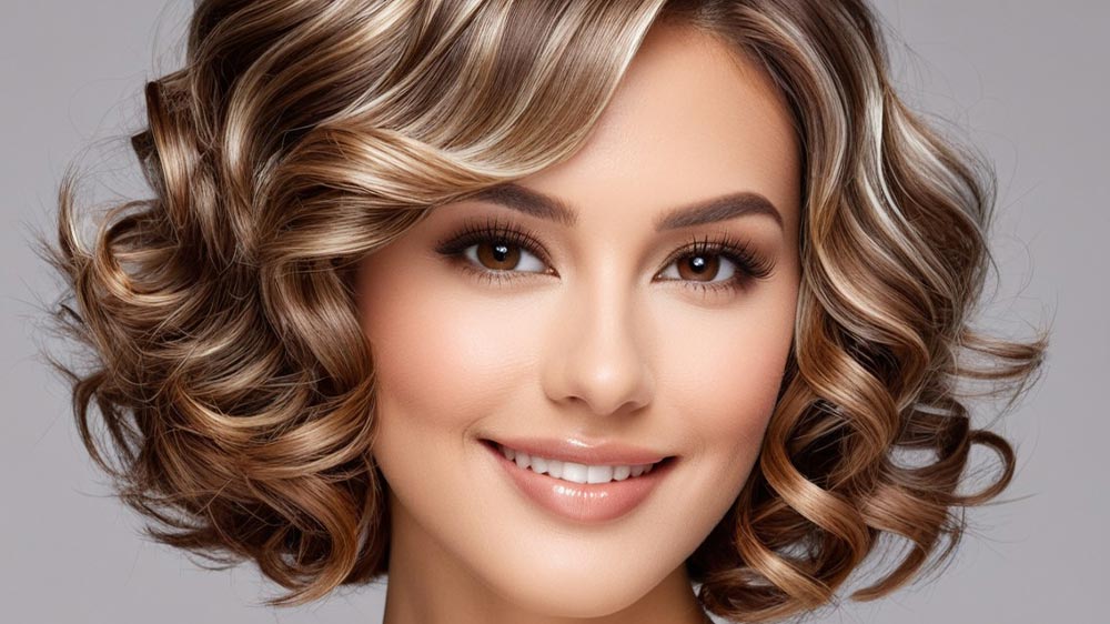 زن با موهای فر کوتاه و هایلایتهای فریزونی در رنگ دودی نسکافه بژ