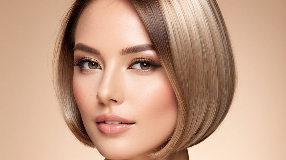 زن با موهای موجدار کوتاه و هایلایتهای مرواریدی در پایه دودی نسکافه بژ