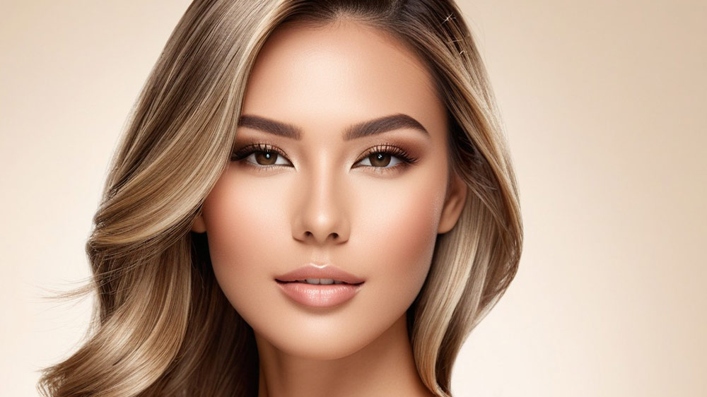 دختر با موهای صاف و هایلایت استروبینگ روی پایه نسکافه دودی