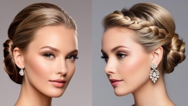 مدل موی رسمی با رنگ دودی نسکافه بژ روشن بافته‌شده و شینیون