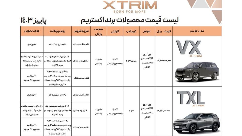 شرایط فروش اکستریم VX و TXL در آذر ۱۴۰۳