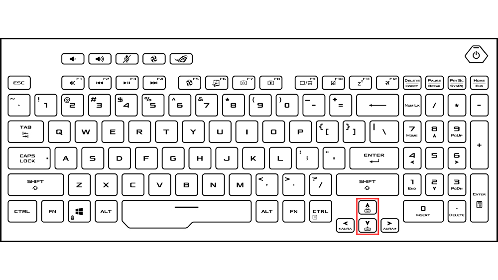 نمای بالا از کیبورد لپ تاپ گیمینگ ایسوس که کلیدهای بالا و پایین را برای تغییر نور پس‌زمینه کیبورد مشخص کرده است.