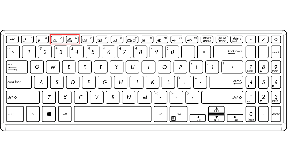 نمای بالا از کیبورد لپ تاپ ایسوس که کلیدهای F3 و F4 را برای تغییر نور پس‌زمینه کیبورد مشخص کرده است.