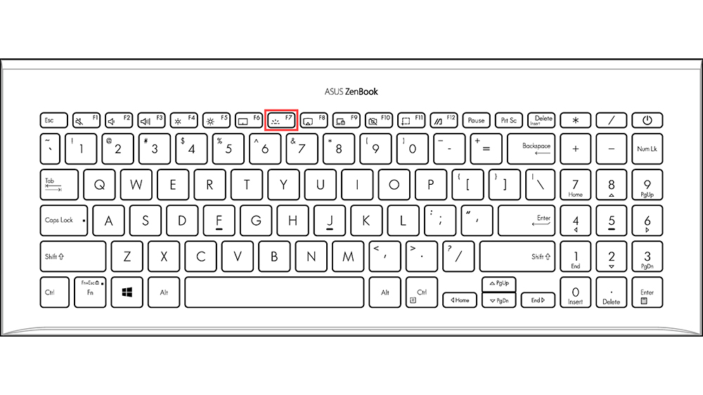 نمای بالا از کیبورد لپ تاپ زنبوک ایسوس که کلید Fn +F7 را برای روشن کردن نور پس‌زمینه کیبورد مشخص کرده است.