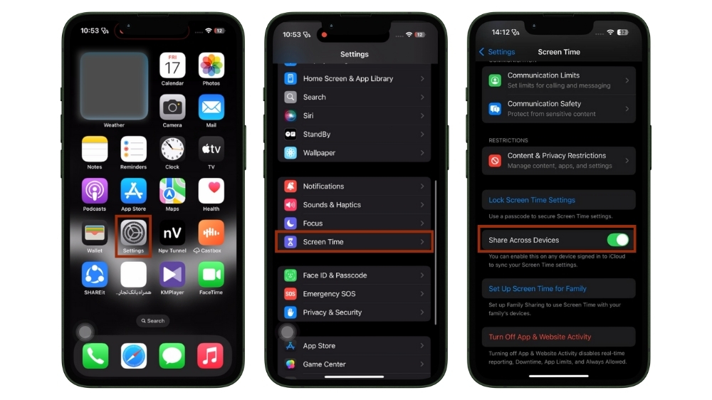 اسکرین‌شات‌هایی از تنظیمات Screen Time و فعال کردن Share Across Devices